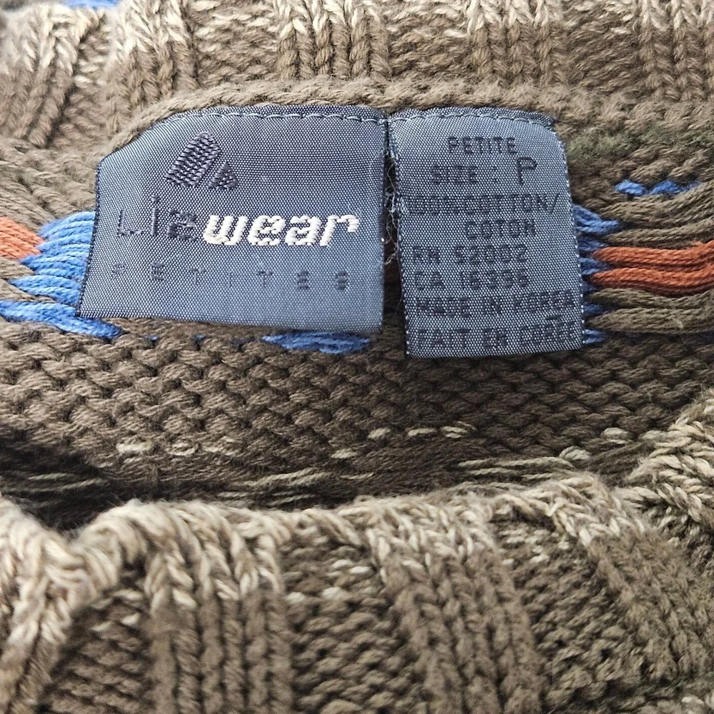 Vintage Lizwear Petites Cotton Knit Sweater‎ Olive Geometric Crew Pullover Sz SP - Picture 6 of 7